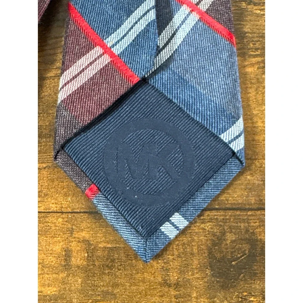 Michael Kors Mens Silk Blend Plaid Necktie Blue Burgundy Red Stripe 3 Inch Width